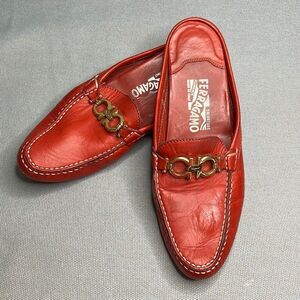 Ferragamo Orange leather mules size 7.5 with gold buckle rubber soles